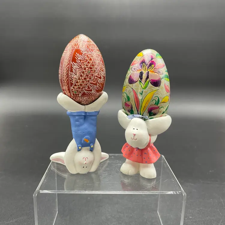 Bunny Rabbit Easter Egg Holders Figurines Boy Girl Spring Kitschy Holiday Set of 2