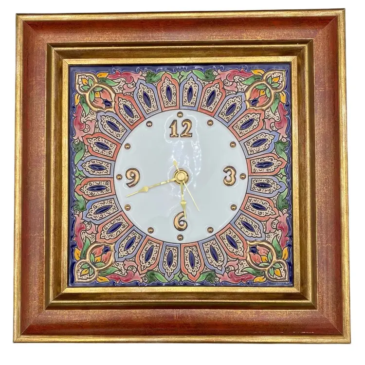 Artecer (Spain) Framed Ceramic Clock, 11.25" squared (28.5 cm), Gold Overlay