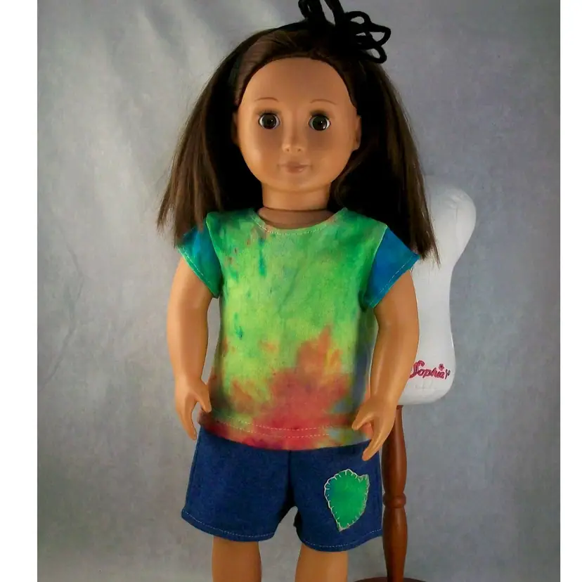 Handmade 18 inch Doll Pink Green Blue Tie Dye Shirt Denim Chambray Shorts Set