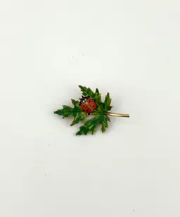 Gold Tone Green Enamel Leaf Brooch With Ladybug 1.5”x 1”