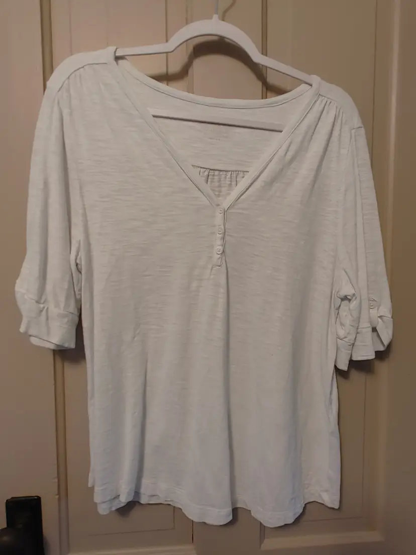Top- Brand: Chicos. Size 2 (Large/12). White shirt. Material- 60% cotton, 40% modal.  No callouts.