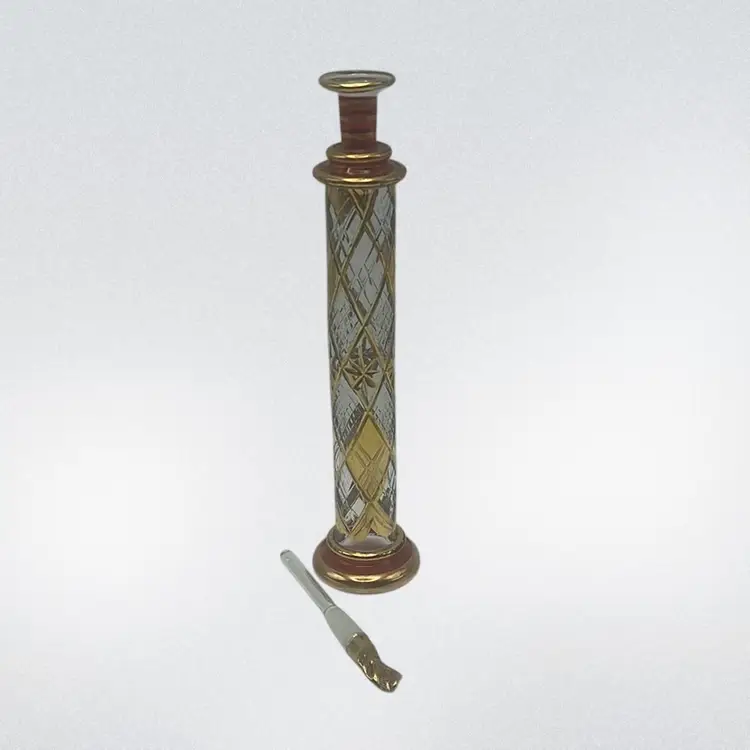 Red And Gold Etched Column Egyptian Blown Glass Perfume Bottle, 8-1/2” Tall With The Dauber