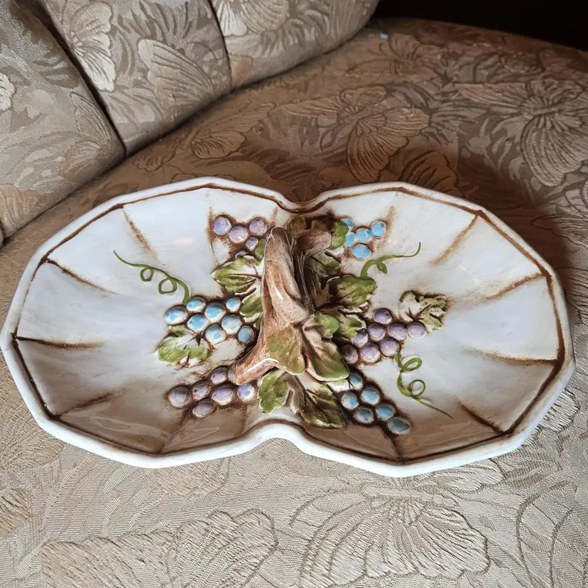 Vintage Lefton Ceramic Grape Vine Motif Divided Dish