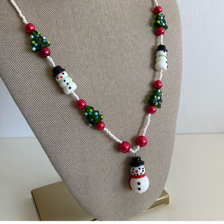 Cheerful Lampwork Glass Snowman And Shiny Brite Style Beaded Necklace