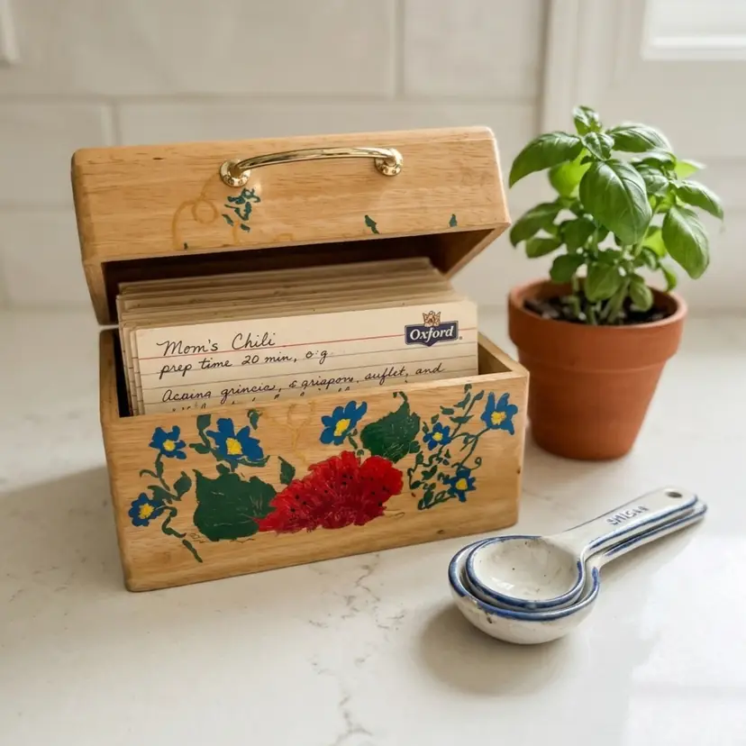 Vintage Hand-Painted Wooden Recipe Box with Original Oxford Index Cards