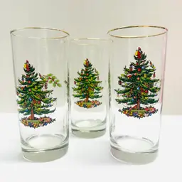 A Trio Vintage Spode Christmas Tree Highball Drinking Glasses Drinkware Barware Glassware
