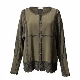 Vintage S.M.H Woman Olive Green Patchwork Leather Crochet  Jacket Grannycore Boho Hippie Concert