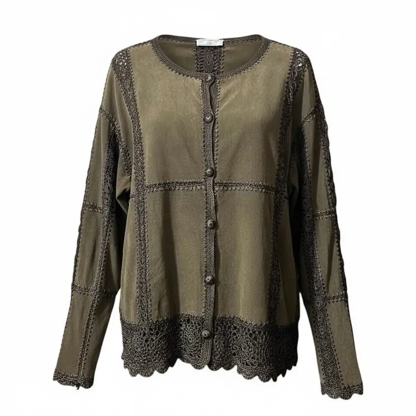 Vintage S.M.H Woman Olive Green Patchwork Leather Crochet  Jacket Grannycore Boho Hippie Concert