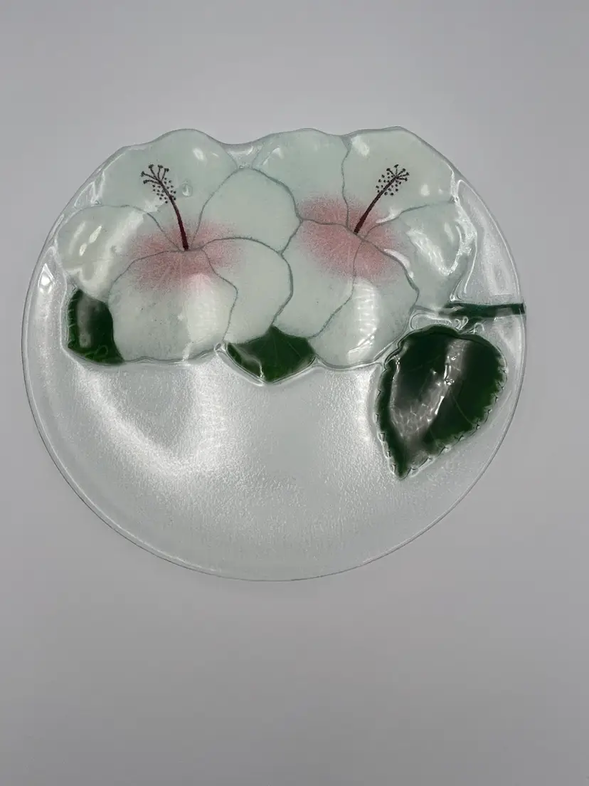 Fused Glass White Hibiscus Flower Cutout Plate