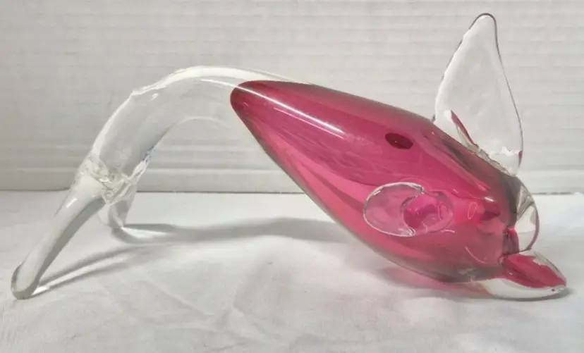Beautiful Vintage Labeled Rossi Glass Clear and Cranberry Dolphin Art Glass 8.25 x 4.25 Inches