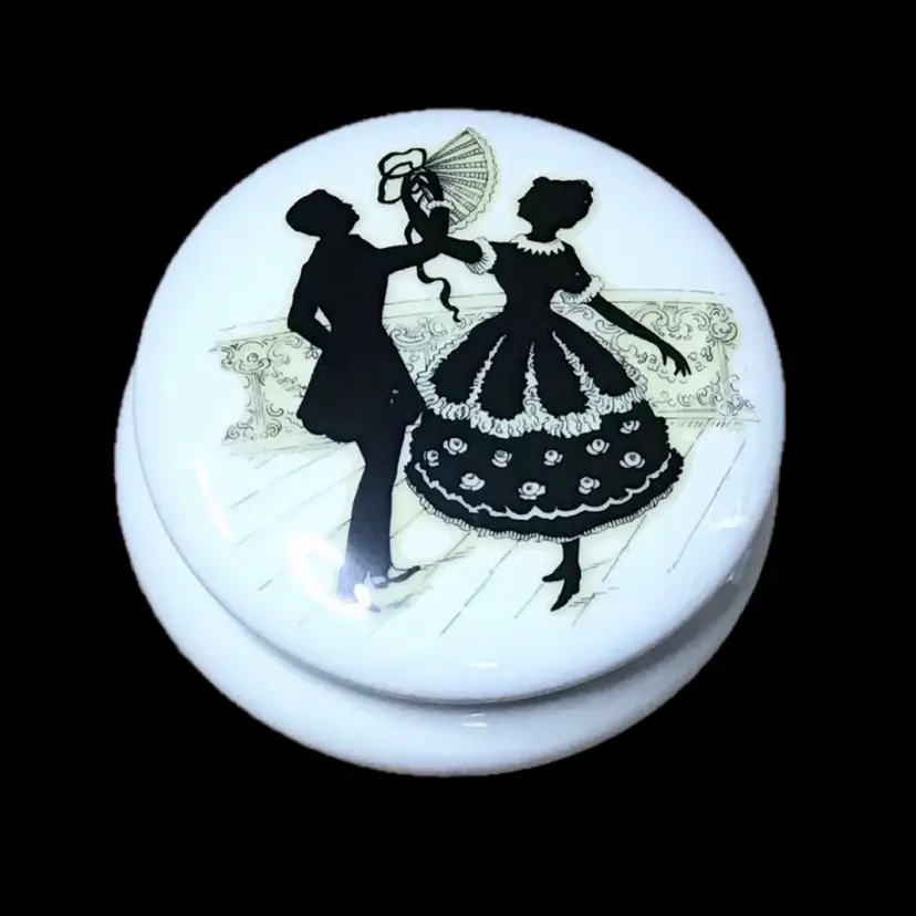 Vintage Courting Couple Silhouette Vanity Dish Trinket Box White Black France