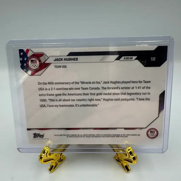 2026 Topps Now Olympics #18 Jack Hughes Golden Goal USA Men’s Hockey