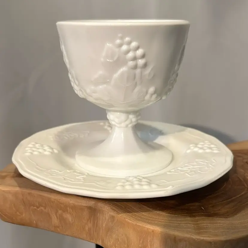 Milk Glass Goblet And Plate Set