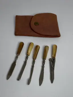 Vintage Miniature Manicure Tools in a Leather Case, 3"