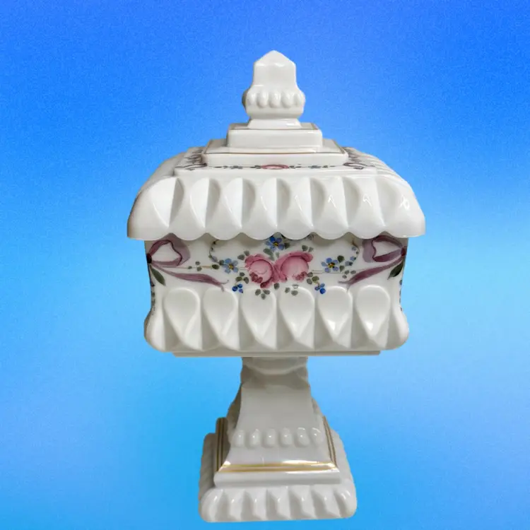 Vtg Wedding Bride Box W/Lid Westmoreland White Milk Glass Hand Painted Candy/Trinket Dish
9-3/4” T x 5-1/2” W