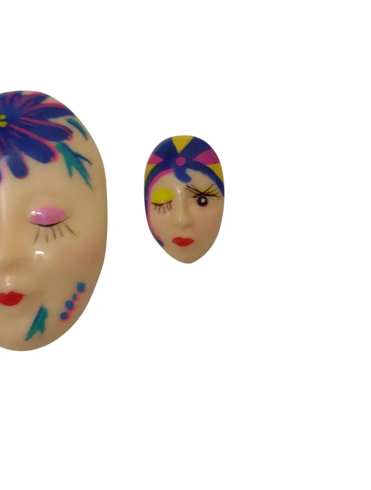 Vintage 80s Art Deco Figural Face Flapper Brooch Earrings Set Handpainted Artsy