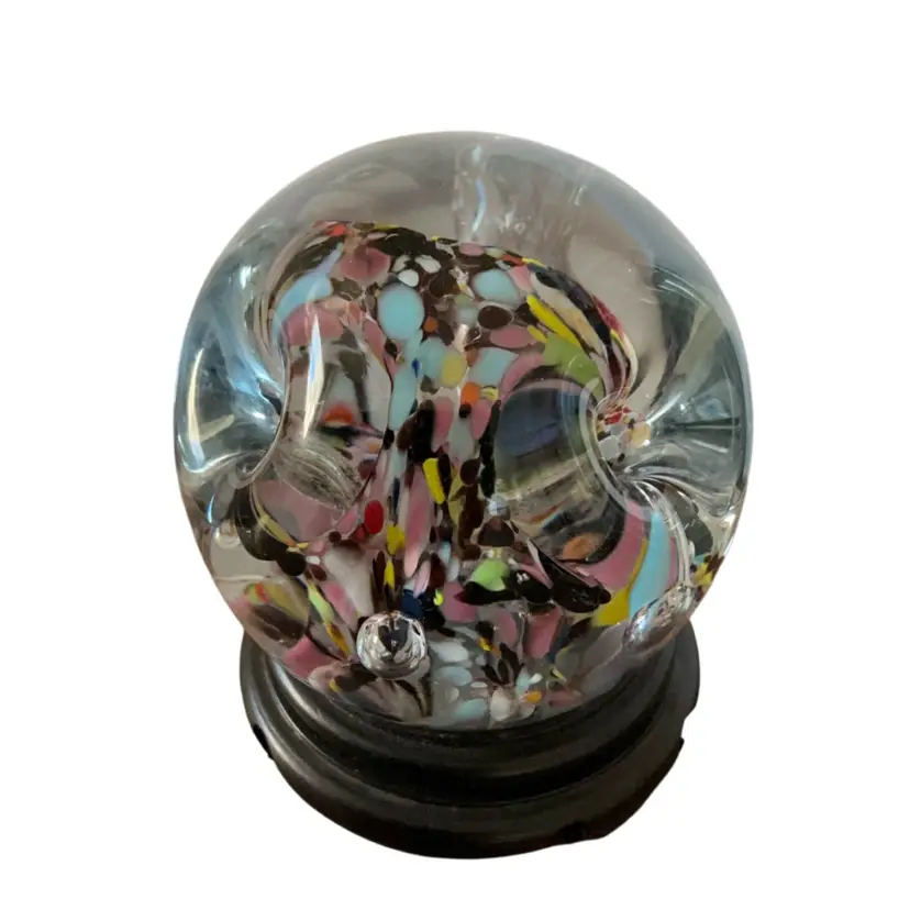 Vintage Art Glass Paperweight Featuring Confetti Flowers In An Abstract Form 2.75”