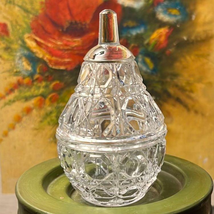Annahutte Lead Crystal Vtg Pear Shaped Jewelry Trinket Candy Jar West Germany 4.5”