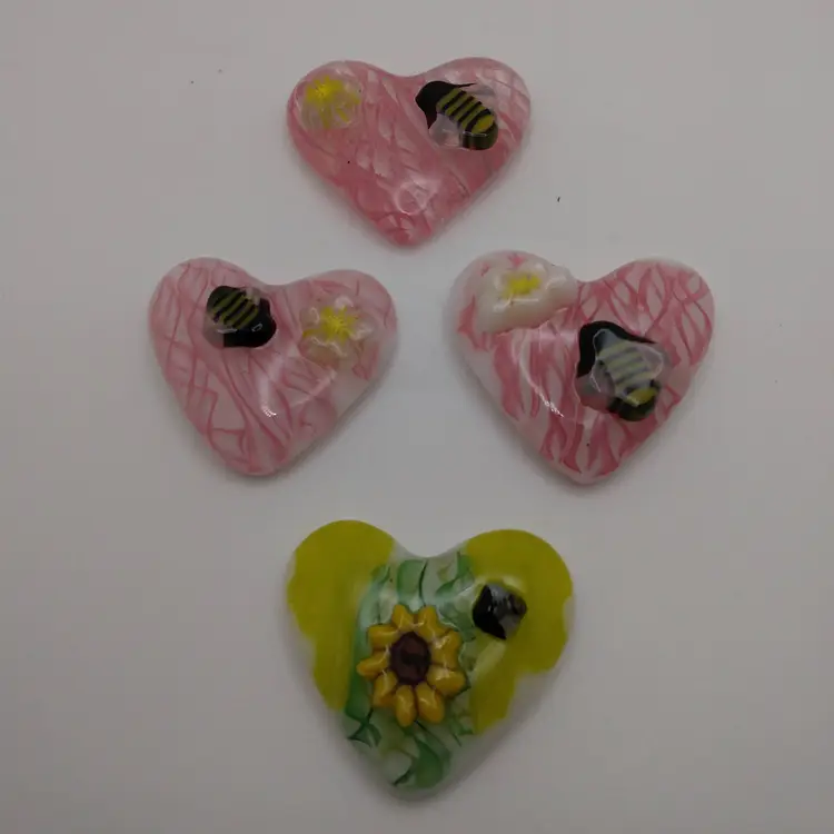 Made by Me! Fused Glass Pocket Heart with 3D Bee and Flower 1 3/4" Handcrafted Studio Art