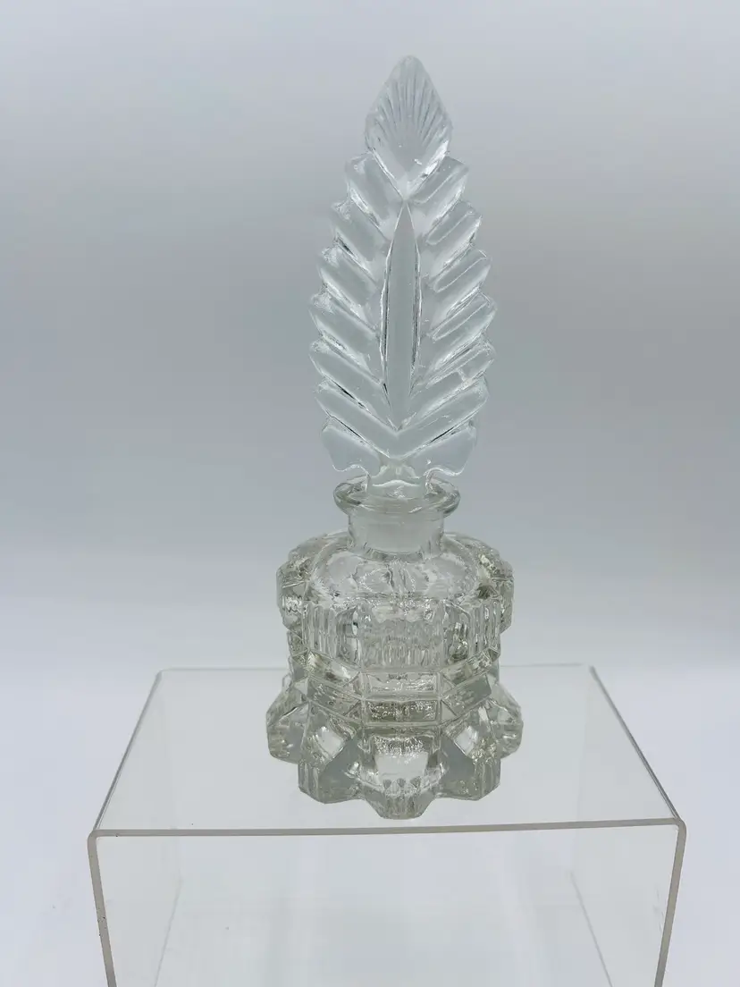 Vintage Ellie Smith, clear, feathered stopper, perfume bottle, vanity bottle 7 1/2 inches tall