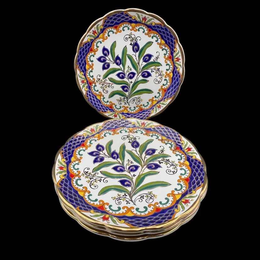Set of 4 - Faros Keramik (Rhodes, Greece), Hand-Made Enamel & Gold Plates, 24K