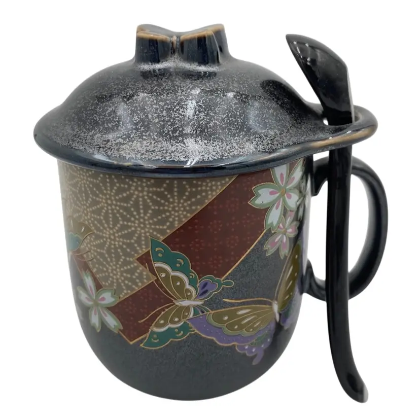 Black Japanese Ceramic Covered Tea Cup with Spoon thru Lid, Butterflies