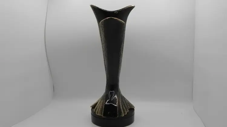 Gilner Pinched Fan Vase Vintage MCM California Art Pottery Black and Gold Home Decor