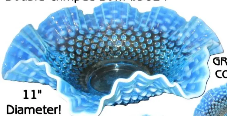 Fenton Aqua Blue Opalescent Hobnail Double Crimped 11" Bowl #3824