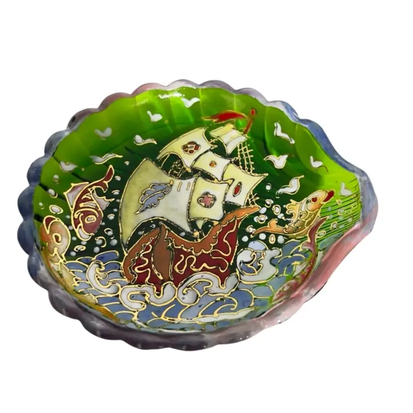 Vintage Glass Trinket Dish Cloisonné  Nautical Scene