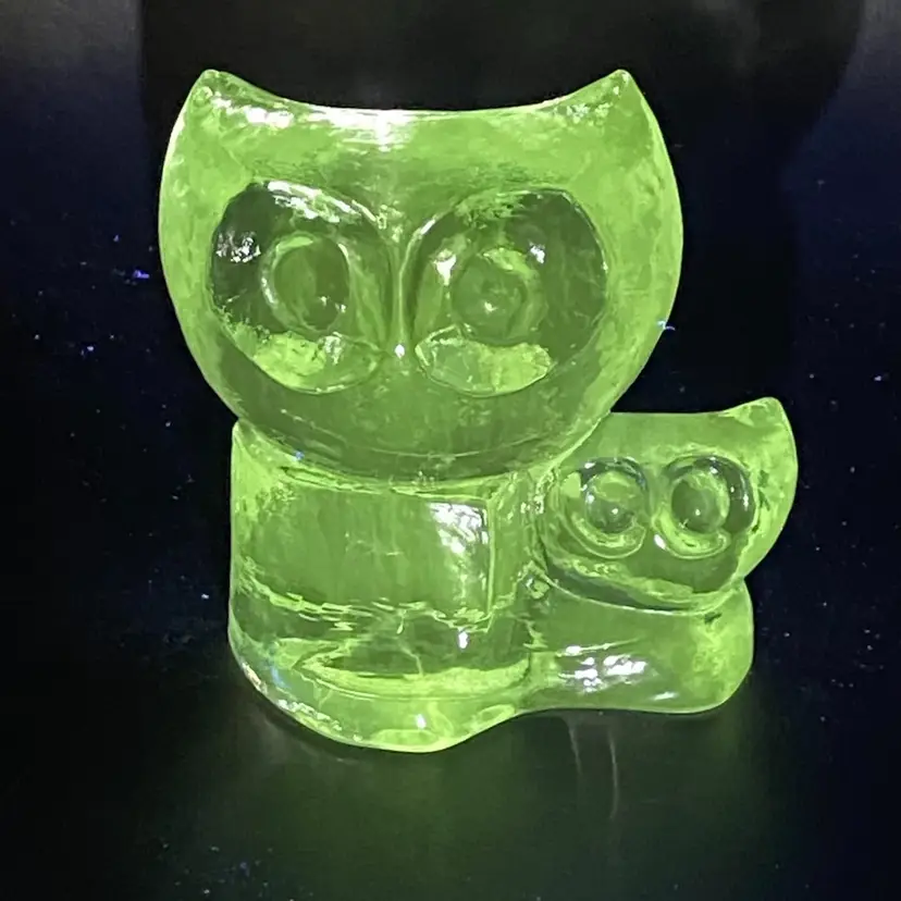 RARE Uranium Glass, Vintage Swedish Glass Owl Sculpture from Pukeberg Glass, 1970s, 4" Tall,