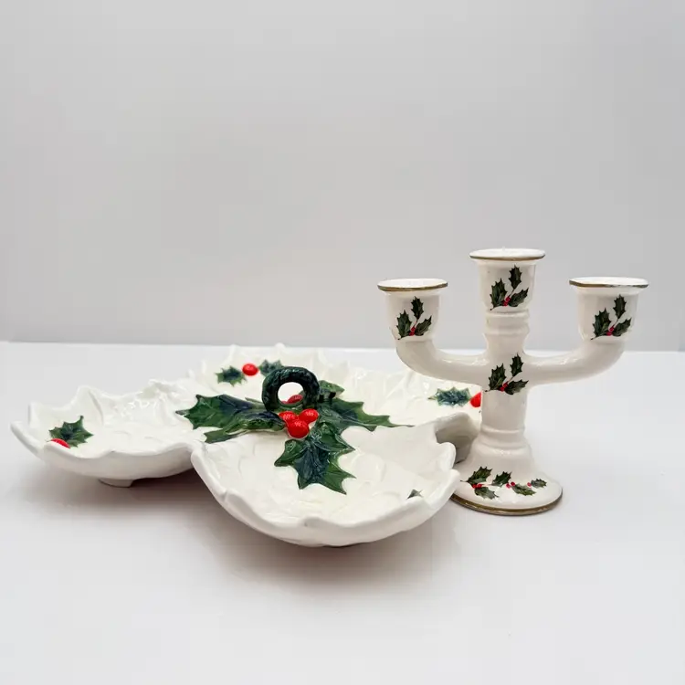 Lefton White Holly Ceramic Serving Dish And Candleholder Set
