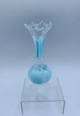 BIMINI Werkstatte Art Glass Light Blue Swirl Lines & Oval Shapes 5.5” BUD VASE