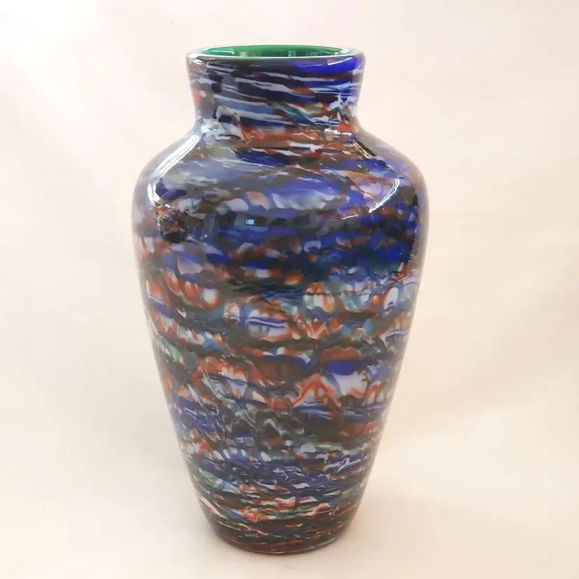 Vintage Art Glass Cased Hand Blown Glass Vase Blue Wavy 7 5/8"T Signed & Dated 4-02