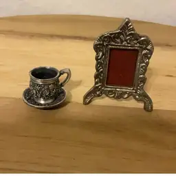 Mini Pewter Cup & Saucer & Frame