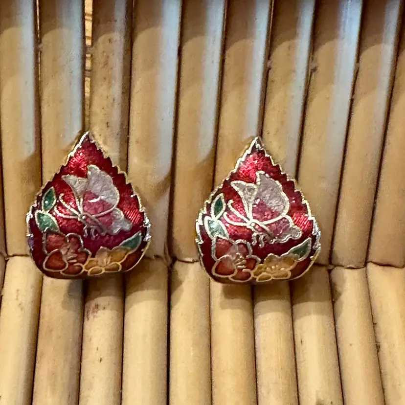 Curved Butterfly Cloisonné Clip On Earrings