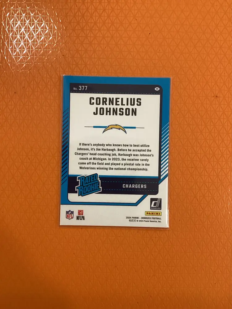 2024 Donruss Cornelius Johnson Rated Rookie RC No. 377 Chargers