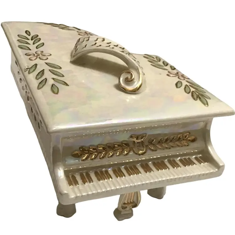 Vintage Grand Piano Trinket Box Large Painted Pearl and Gold With Lid Signed