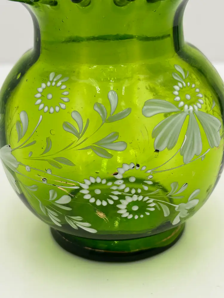 Antique Green and White Hand Blown Rose Bowl with Ruffle Top