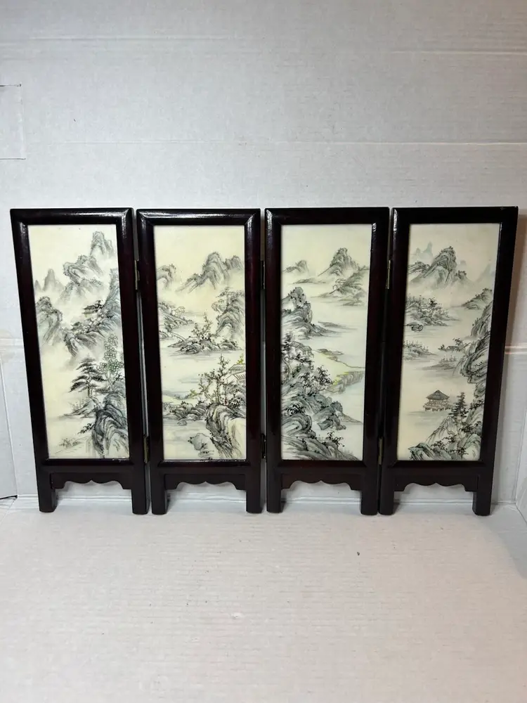 Small Vintage Chinese Table Screen - Watercolor Painting On Soapstone Panels