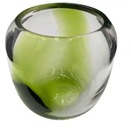 Hand-Blown Vase, Clear with Bright Green Band, Sleek, Heavy Glass