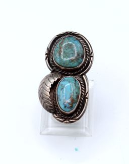 Southwestern sterling silver double turquoise feather size 7 ring 17.43g