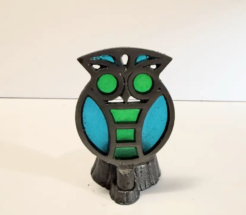 Vintage Centerpoint Votive Candle Holder Owl Metal Blue/Green Stained Glass