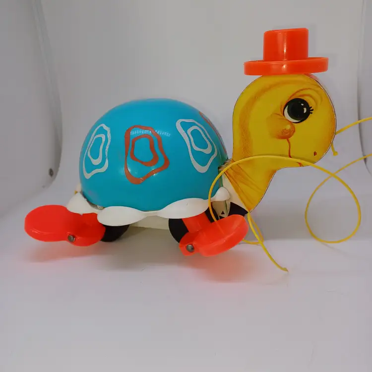 Vintage Fisher Price Tip Toe Turtle Pull Toy - #773, 1970s, blue, red yellow - c