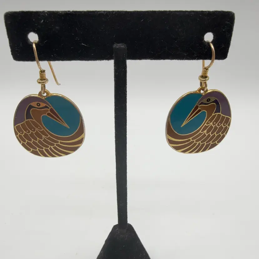 Laurel Burch Enamel Bird Dangle Fish Hook Earrings
