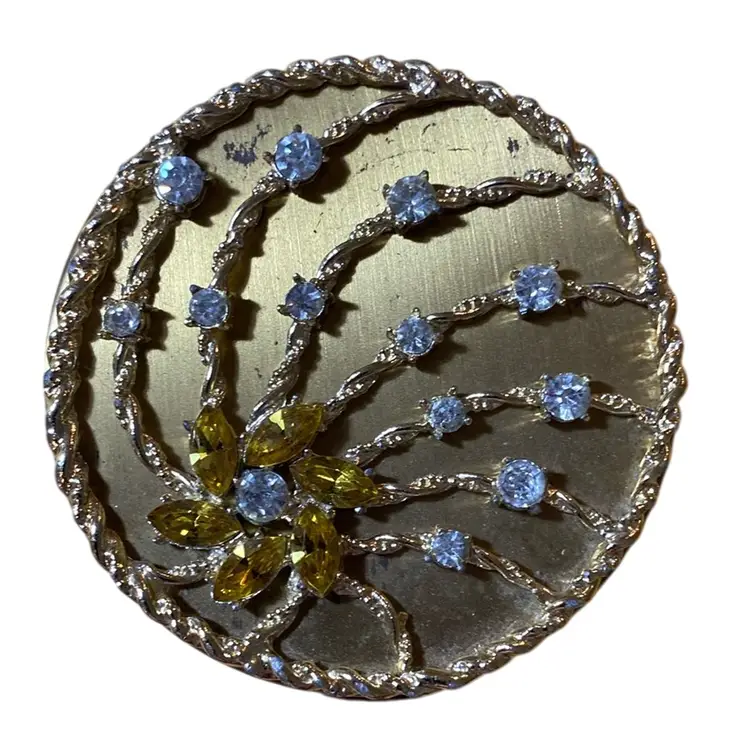 Gorgeous Gold Tone Amber And Clear Rhinestone Jeweled Compact