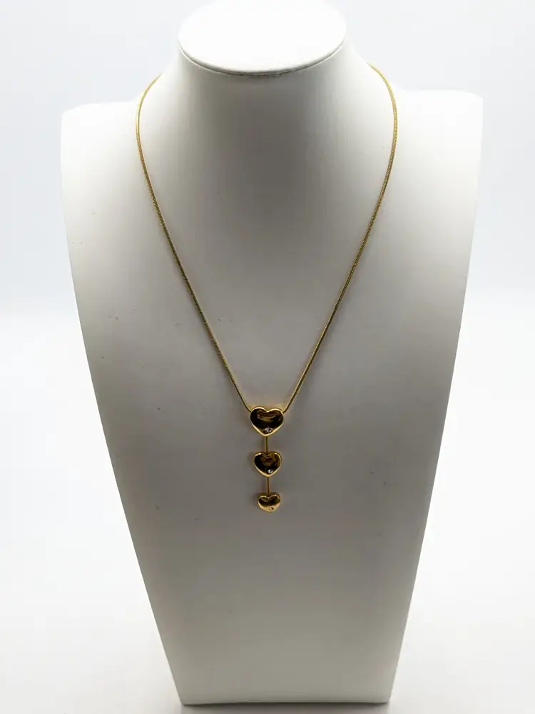 Gold Tone Triple Heart Pendant Necklace with Rhinestones