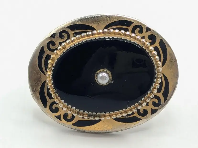 Antique Victorian Mourning Brooch Pin with Faux Pearl Gold Plated