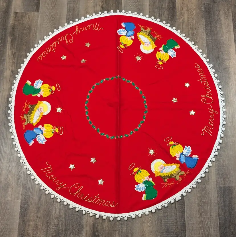 Vintage Completed Bucilla Jeweled Christmas Angels Tree Skirt Nativity 48775 54"