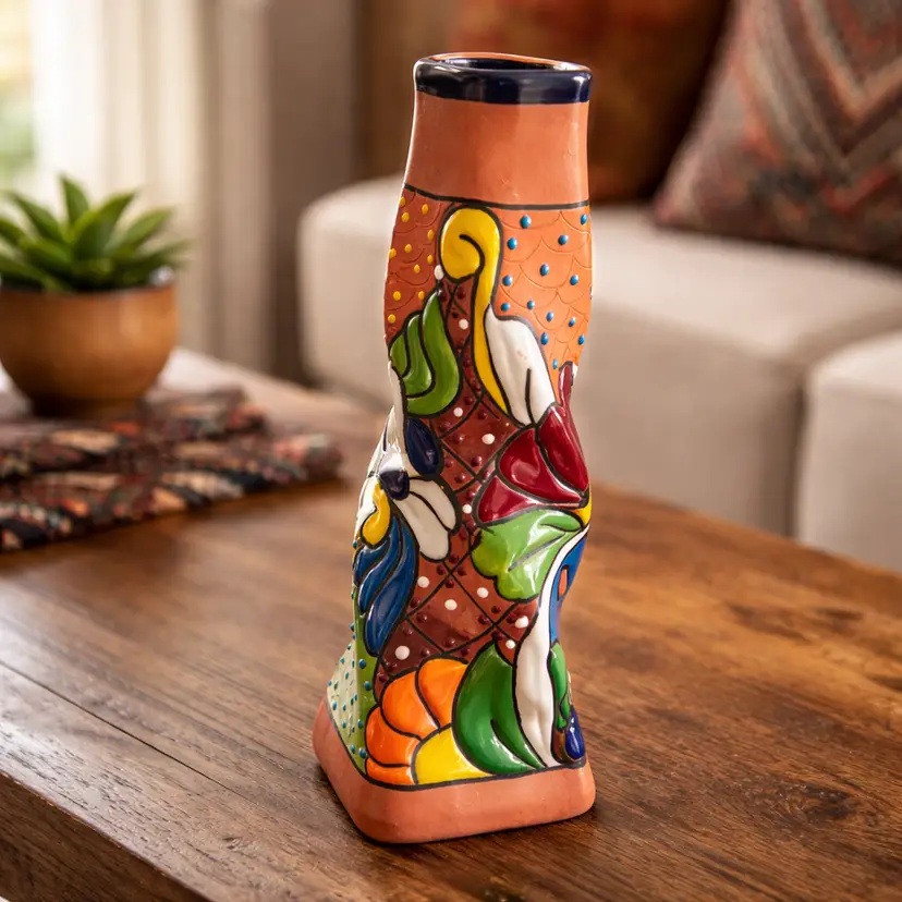 Vtge Mexican Talavera Red Clay Vase with Unique Curvy Spiral Design, 10"
