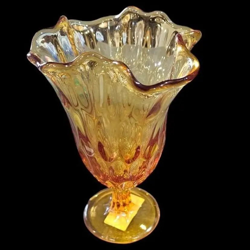 #07 Fenton Art Glass Swung Vase Colonial Amber Thumbprint Handkerchief 9"